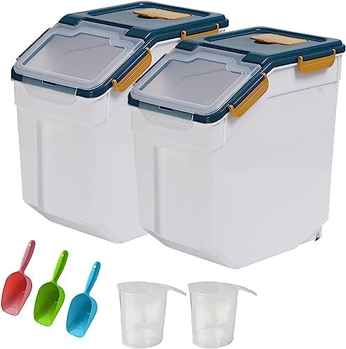 YXQ 25LB Large Flour Storage Container Bin ,2 Pack Airtight Plastic with Wheels Seal Locking Lid Dispenser Organizer Storage Bin with Measuring Cup & Scoop for Flour, Rice, Grain 50LBS Total