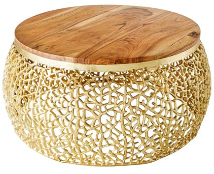 Riess Ambiente Filigraner Design Couchtisch Leaf 75cm Gold Akazienholz Handarbeit, Beistelltisch für Dein Wohnzimmer, Coffee Table