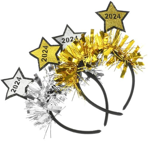 Beaupretty Happy New Year Haarreif Neujahr Silvester Stirnband Glitter Haarband mit Spielgelkugel Sterne Lametta Kopfschmuck Haarschmuck für 2024 Neujahr Abschlussfeier Party Deko 2 Stück