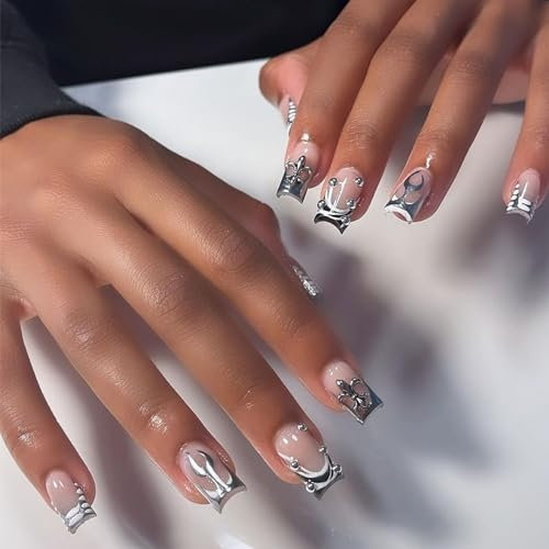 24pcs Medium Square French Tip False Nails, Silver Fireflame Stick-on Press-on Removable Glue-on Full Cover Fake Nails for Women, Bridal Nail Art Accessories