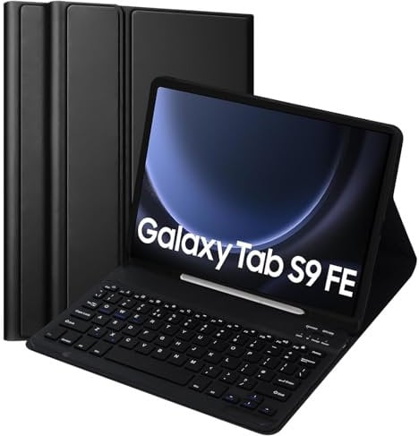 Case with Keyboard For Samsung Galaxy Tab S9 FE 10.9 2023 – Slim Detachable Wireless Keyboard with UK Layout, Magnetic PU Protective Cover & Pencil Holder (Black)