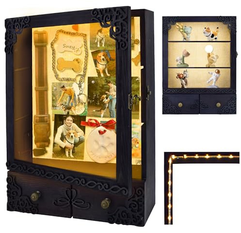 KWYADLUO Caja de sombra negra grande con luz, caja de sombra conmemorativa para mascotas con estantes y cajón, marco de caja de sombra profunda con ranura de acrílico de carga superior, caja de