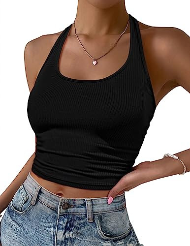 Ekouaer Top Mujer Camisola Camiseta Tirantes Ajustado de Verano Sin Mangas para Top Sexy con Espalda Descubierta Tejido de Punto, Negro, S