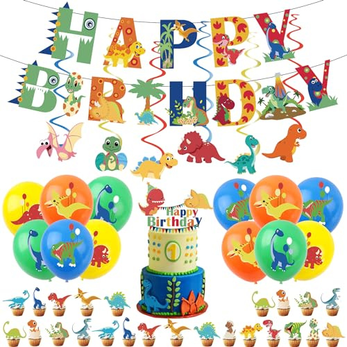 44Pcs Dinosaur Birthday Decorations for Boys Home Dinosaur Party Balloons,Happy Birthday Banner Bunting,Cake Toppers,Hanging Swirls for Kids Baby Shower Cartoon Dino Theme Party Supplies