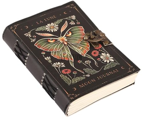 ANANYOM Handmade Leather Journal, Luna Moth and Morpho Butterfly Moon Vintage Leather Notebook Diary Sketchbook, With 200 Blank White Paper, Unruled, Brass Clasp Lock Journal for Men & Women, Black