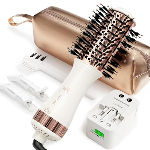 Travel Blow Dryer Brush in one, Dual Voltage 120V-240V Mini Hot Air Brush, Hair Trends Nano Titanium 2 Inch One Step Hair Dryer and Styler Volumizer Oval Shape