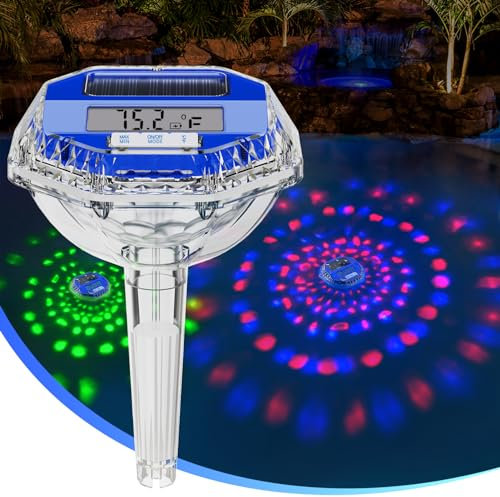 LanBlu Pool Thermometer Schwimmend mit Lichtshow, Solar Pool Thermometer Digital Nacht Leicht zu Lesen, Großer LCD-Bildschirm Schwimmende Pools Wasser Thermometers, Schwimmbad Thermometers für Pools