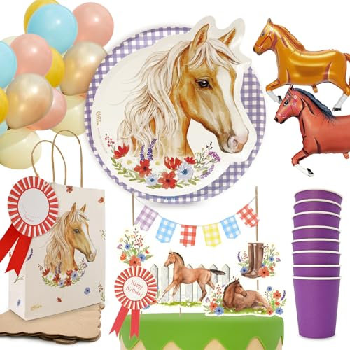 PARTY PARTY 66 Teile Pferde Geburtstag Set Lila 8 Kinder, GESCHENKTÜTEN + PARTYGESCHIRR + CAKETOPPER + BALLONS, Geburtstag Pferde Deko, Pferdegeburtstag, Mädchen
