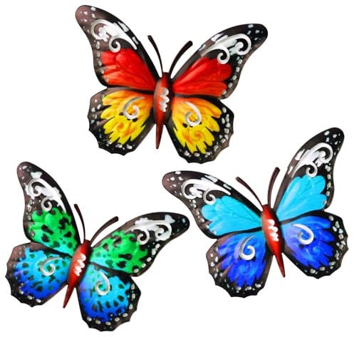 OFFCUP Metal Butterfly Wall Decor, 3 Pack Metal Butterfly Wall Art Decor, Wrought Iron Colorful Butterfly Wall Sculptures, Outdoor Garden Fence Ornaments Hanging for Backyard Porch Patio