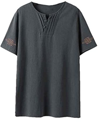 Men Summer Half Sleeve Linen Tshirt Casual Linen Tees V-Neck Embroidery T Shirt gray9 M