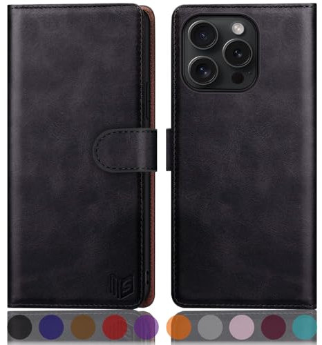 SUANPOT compatible with iPhone 16 Pro 6.3 case with [Credit Card Holder][RFID Blocking],PU Leather Flip Book Protective Cover Women Men for Apple 16 Pro Phone case Black