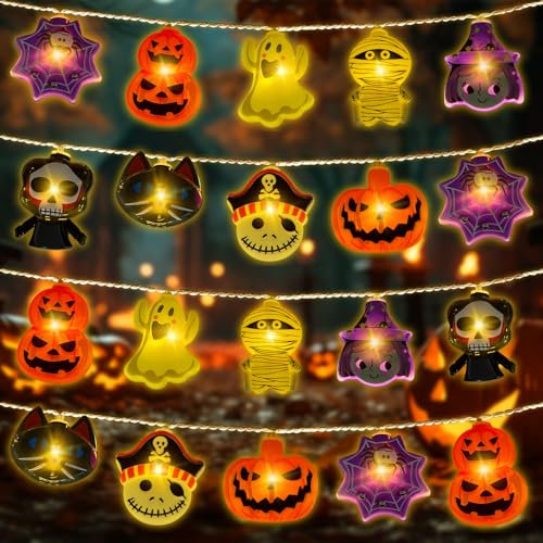 TOPJOWGA Halloween Lichterketten, 3M 20LEDs Halloween Kürbis Fledermaus Skelett Licht, Lichterkette Geister für Hängend, Halloween Deko Lichter für Halloween Weihnachten Party Gärten