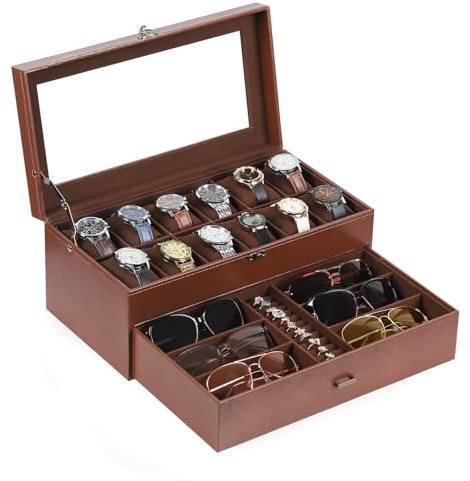 AUTOARK MKAW041 MKAW041 - Scatola porta orologi in pelle e velluto, per 12 orologi e gioielli, 6 pezzi per occhiali da sole, 2 strati con 1 cassetto, chiudibile a chiave, grande piano in vetro