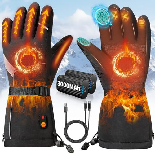 POSUGEAR Beheizbare Handschuhe Herren Damen,Elektrische Beheizte Handschuhe Mit 3000MAh*2 7.4V Wiederaufladbare Akkus, 3 Einstellbarer Temperatur, Touchscreen, wasserdichte Heizhandschuhe