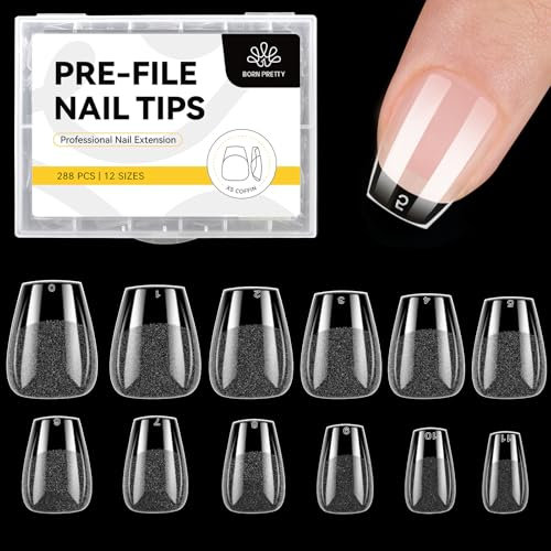 Born Pretty 288 Pièces Capsule Americaine Ongle Ballerine, 12 Tailles Semi Givré Faux Ongles Cercueil Ultra Court, Acrylique Pose Americaine Capsule Ongles Transparents Préformés