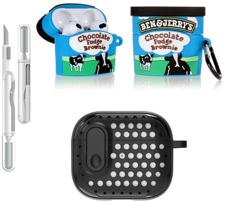 LEWOTE 3 in 1 Kompatibel mit Apple Airpods 3 Schützende Lustige Nette Fall Abdeckung mit Reiniger Kit Schlüsselanhänger (Benjerry)