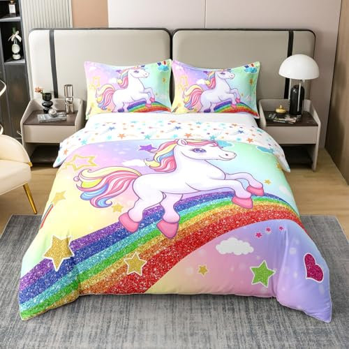 Einhorn Mädchen Bettwäsche Set für Kinder Jungen Mädchen,135x200 Regenbogen Einhorn 100% Baumwolle Bettbezug,Nette Bett Sets für Geburtstag,Aquarell Pastell Einhorn Zimmer Dekor für Prinzessin Mädchen