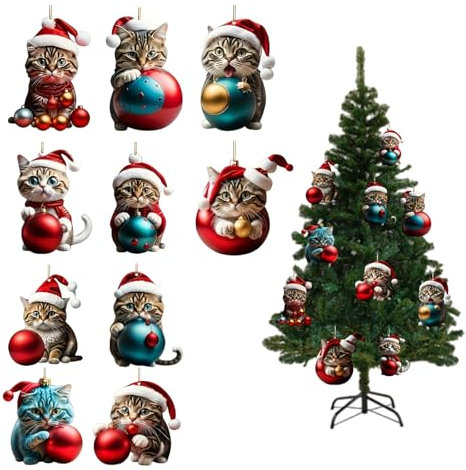 10 pezzi Ciondolo gatto di Natale,Ciondolo gatto albero di Natale,Gatto decorato con l'albero di Natale,ciondoli per albero di Natale e gatti,Adatto per decorazioni per l'albero di Natale