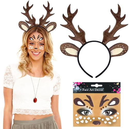 Reh Haarreif Damen Kinder Geweih Haarreif Gesichtstattoo Rentier Haarreif Karneval Reh Geweih Haarreif Damen Mädchen Bambi Haarreif Damen Reh Kostüm Haarreif Reh Ohren Hörner Kopfschmuck für Fasching