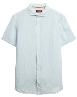 Superdry Herren Vacation Hemd mit kurzen Ärmeln aus Leinen Himmelblau Ticking Leinen XXXL