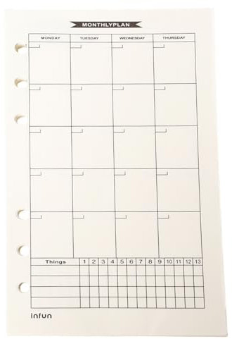 A6 Monatsplaner, Monatskalender, Personal Journal40sheets/80pages, for 6 Holes, Planner Refill, Ideal für übersichtliche Monatsplanung, Multilochung, (174x95 mm), Weiß