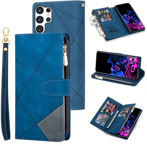 UEEBAI Wallet Case for Samsung Galaxy S25 Ultra 5G, Retro 9 Card Holder Slots Zipper Pocket Handbag Case PU Leather Magnetic Closure Kickstand with Wrist Strap TPU Shockproof Flip Case - Blue