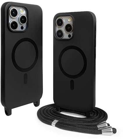 CUZZCASE Silikon Schutzhülle kompatibel mit iPhone 15 Pro Max(6.7),Kabellosem Laden,Silikon Stylische Verstellbarer Halskette Handyhülle-Schwarz