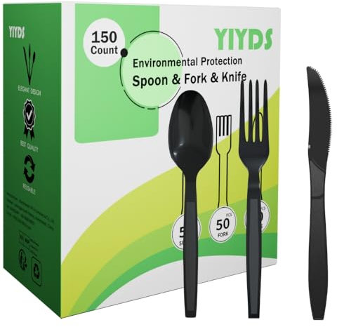 Lot de 150 couverts en plastique résistant, pour fête, mariage, noir, couteau, fourchette et cuillère, 50 pièces réutilisables, réussissent le test de sécurité alimentaire LFGB