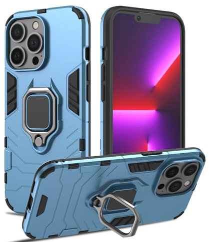 Case for iPhone 13 Pro, Shockproof Cover with 360° Metal Ring Stand, Anti-Scratch Hard Protective Case, Full Body Bumper Case with Camera Protection (Blue)