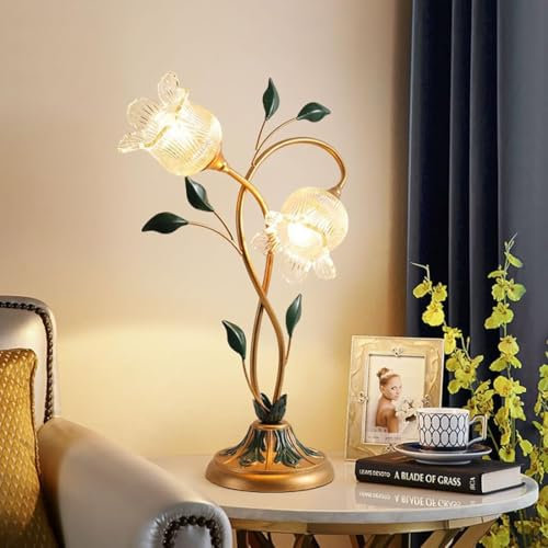 Stesulfr Moderne Tischlampe mit 2 Lichtern goldene Nachttischlampe antike grüne Blatt Dekorationskunstlampe Blumenform Glas Plug in Schreibtischlampe für Schlafzimmer Wohnzimmer Büro Beistelltisch Ess