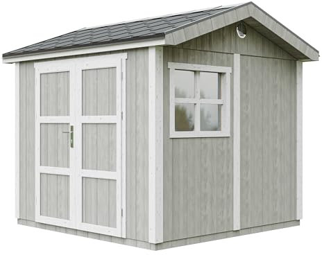Abri de Jardin Qualité Premium 5,9 m² - H252x250x294 cm - Construction de Panneaux LP Smartside - avec Un Sol et des bardeaux bitumineuxs - Timbela M913A-TUNDRA Grey