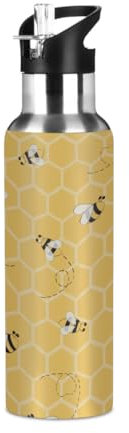 Mexpekil Cute Bee 600ml Insulated Water Bottle with Straw Lid Stainless Steel Thermos Bottle Vacuum Flask Leakproof Travel Sports Water Bottles for Running Cycling Hiking