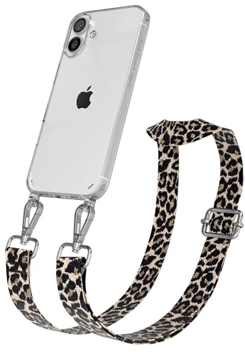 EAZY CASE Handykette - Verstellbares Taschenband kompatibel mit iPhone 16 Plus, Schulterriemen, Handykordel mit Silikon Hülle, Umhängetasche, Leo - Schwarz Beige Silber