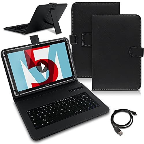 Tablet Hülle kompatibel für Huawei MediaPad T5 10.1 Tasche Tastatur Bluetooth Keyboard QWERTZ Schutzhülle Cover Standfunktion Schutz Case, Farben:Schwarz
