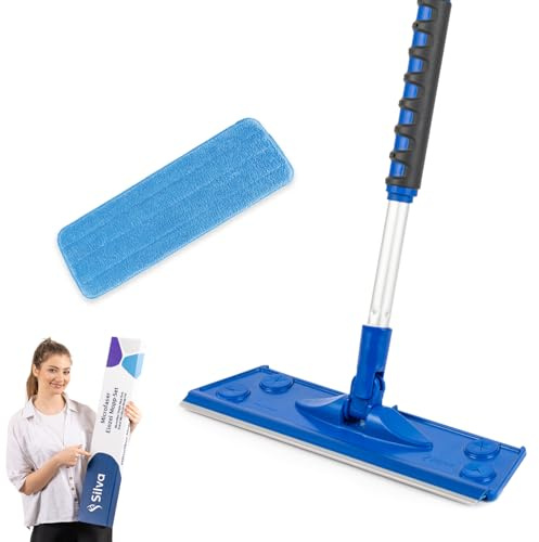 Silva Mikrofaser Wischmopp mit verstellbarem Teleskopstiel 90 bis 156 cm – Bodenwischer Set mit 1 Trockentuch – Flacher Mop mit Drehgelenk für staubfreies Wischen auf Parkett Fliesen Fenster Haushalt