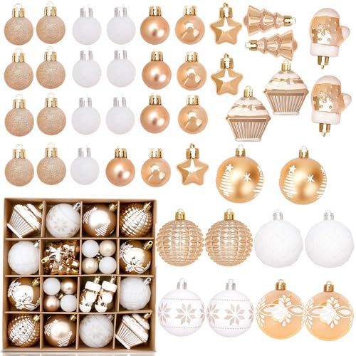 42Pcs Baubles Christmas Decorations, Shatterproof Christmas Ball Ornaments, White and Gold Bauble for Xmas Tree, Ball Balls Xmas Baubles for Winter Festive Holiday Home Office Decoration