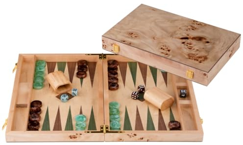 Engelhart-250551 – Backgammon Holz 18 Zoll (45,5 cm) Luxus Koffer Maserholz Walnuss-Inlay – Offen 52 × 45,5 cm – Grün/Braune Steine – Würfel & Becher – Traditionelles Brettspiel