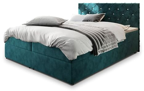 Masseno Boxspringbett Riva 140x200 cm Komplett-Set mit Matratze und Topper, Polsterbett mit Zwei Bettkästen -Blau, Magic Velvet 2221