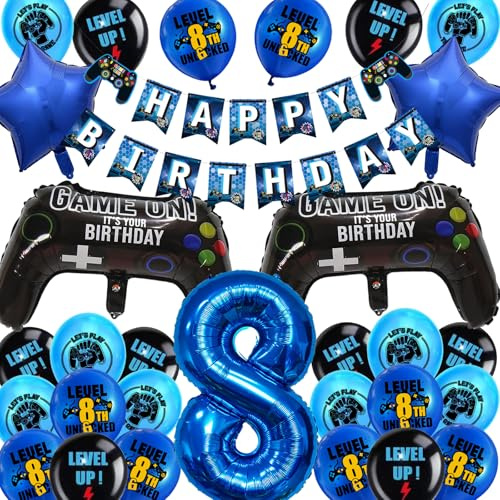 Gaming Birthday Decorations for Boys - Blue Happy 8th Birthday Banner Decoration Set with Controller & Star Foil Balloons, Video Game Theme Party Supplies