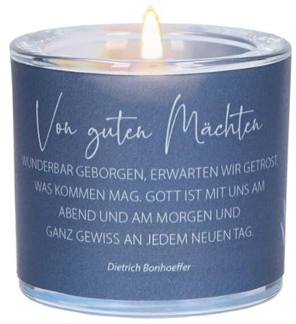 LichtMoment „Von guten Mächten Glas-Windlicht mit Bonhoeffer-Zitat: mundgeblasen inkl. Teelicht und Geschenkverpackung, im Format 6 x 6,5 cm. Ideal als kleines Geschenk