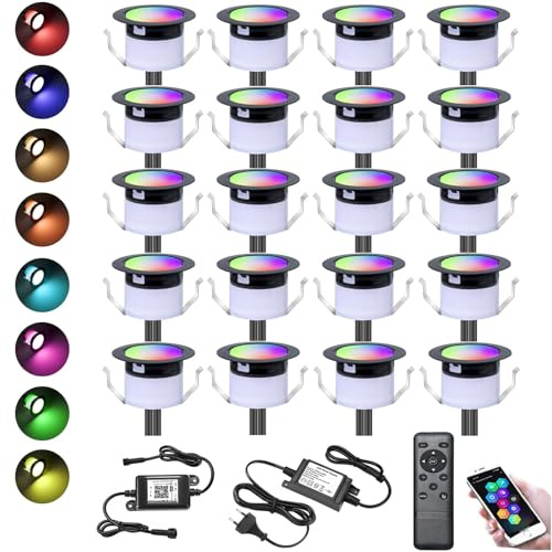GEYUEYA Home 20 Stück WiFi LED-Einbaustrahler, für den Außenbereich, Durchmesser 31 mm, 12 V, RGBW + IC Farbe, dynamisch, wasserdicht, IP67, Einbaustrahler, für Terrasse, Holz, Terrasse, Wand, Garten