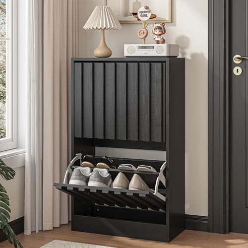 UEV Slim Wooden Shoe Storage Cabinet with 2 Flip Drawers, Modern Narrow Shoe Storage Unit with Ventilated Design, Space-Saving Entryway Shoe Rack, Black