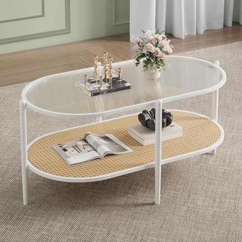 Garvee Moderna Mesa De Centro Ovalada De Ratán De 94 Cm con Estructura Metálica De Dos Niveles y Estante De Almacenamiento, Tablero De Cristal, Estilo Bohemio para Sala De Estar, Dormitorio y Oficina