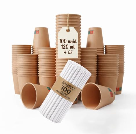 GASTROTOMI 100 Vasos Café Desechables Marrón 120 ml y 100 Palitos de Madera | Espresso, hogar, oficina y celebraciones, vasos desechables para llevar, 100 paletinas enfundadas, cartón reciclable