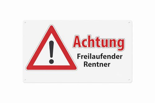 STUWU Metallschild „Achtung Freilaufender Rentner“ – Lustiges Rentner Warnschild – Geschenk zum Ruhestand – Blechschild für Garten, Garage & Werkstatt