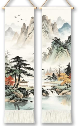 TNKBREEZE Asiatische Landschaft Wandteppich Wanddeko 2 Stück Set Vertikale Wandkunst Oxford Tuch Orientalische Tinte Ästhetik 51×13in Lange Schmale Wandbehang für Schlafzimmer Wohnzimmer Studio Deko