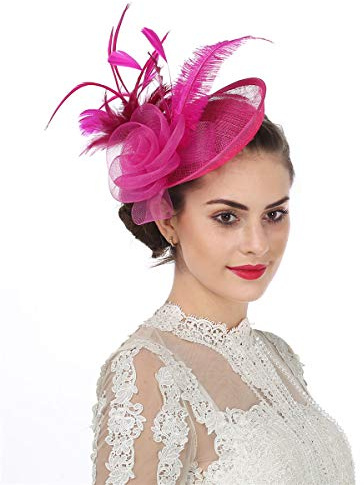 SAFERIN Fascinators for Women Tea Garden Party Fascinator Sinamay Cocktail Wedding Fancy Dress Feather Hair Clip for Lady（TA4-Fuchsia