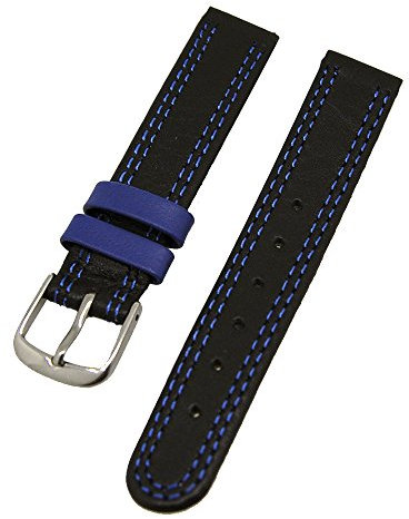 Uhrenhuette Uhrenarmband Kinder Kalbleder Schwarz mit Blauer Naht 14mm Dornschließe