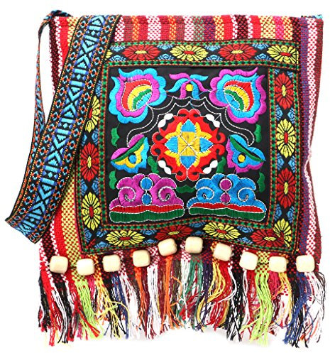 SimpleLife Clutch Handtasche, Cross Body Schultertasche mit Bestickt Design-chinesische Hmong Thai Stickerei Hill Tribe Totes Messenger Quasten Tasche Boho Hippie
