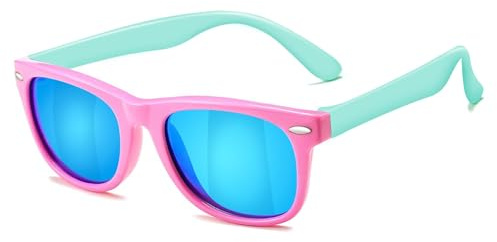 AZorb Kids Polarized Sunglasses TPEE Rubber Flexible Frame for Boys Girls Age 3-8, 100% UV Protection (Pink Green/Blue mirror)